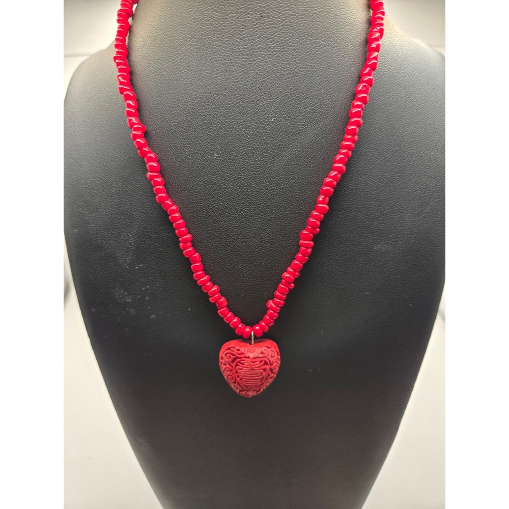Red Beaded Necklace with Carved Cinnabar Style Heart Pendant 16 Inch